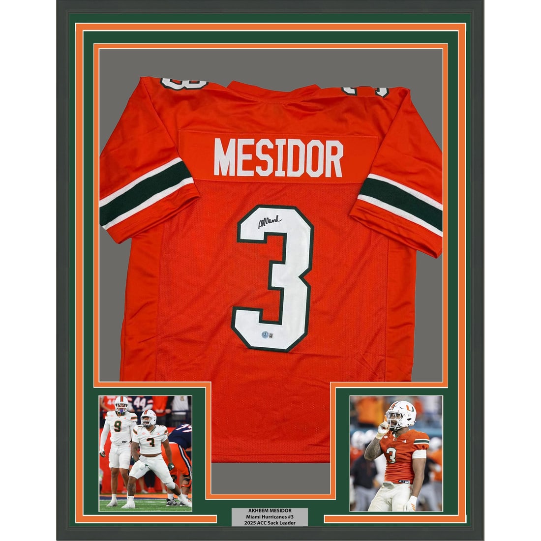 Akheem Mesidor Signed Miami Hurricanes Jersey in 35x39 Framed Display Beckett COA: Akheem Mesidor Signed Miami Hurricanes Jersey in 35x39 Framed Display Beckett COA This professionally framed display features an autographed Akheem Mesidor Miami Hurricanes orange jersey, authenticate