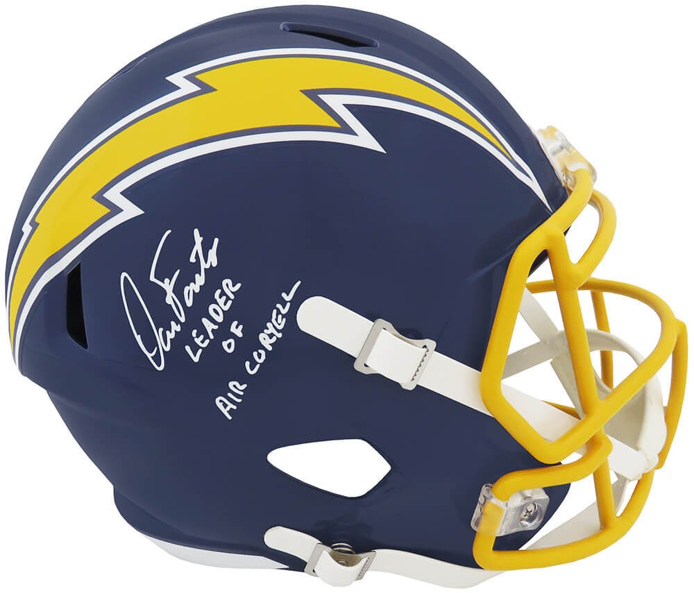 Dan Fouts Signed Chargers Navy Helmet with 'Leader of Air Coryell' Inscription: Dan Fouts Signed Chargers Navy Helmet with 'Leader of Air Coryell' Inscription This is a signed navy throwback full-size speed replica helmet of Dan Fouts, the legendary quarterback of the Los Angeles
