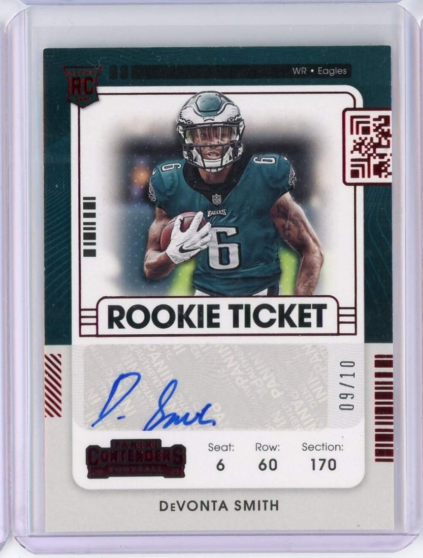 2021 Panini Contenders Devonta Smith Rookie Ticket Auto #107/10 Graded: 2021 Panini Contenders Devonta Smith Rookie Ticket Auto #107/10 Graded This 2021 Panini Contenders Red Rookie Ticket card features an autograph from NFL athlete Devonta Smith, a standout player for th