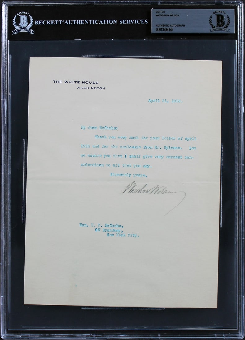 Woodrow Wilson Signed 1913 White House Letter BAS Certified: Woodrow Wilson Signed 1913 White House Letter BAS Certified This remarkable letter, personally signed by Woodrow Wilson, features a pristine White House letterhead and is dated April 21, 1913. Measuri