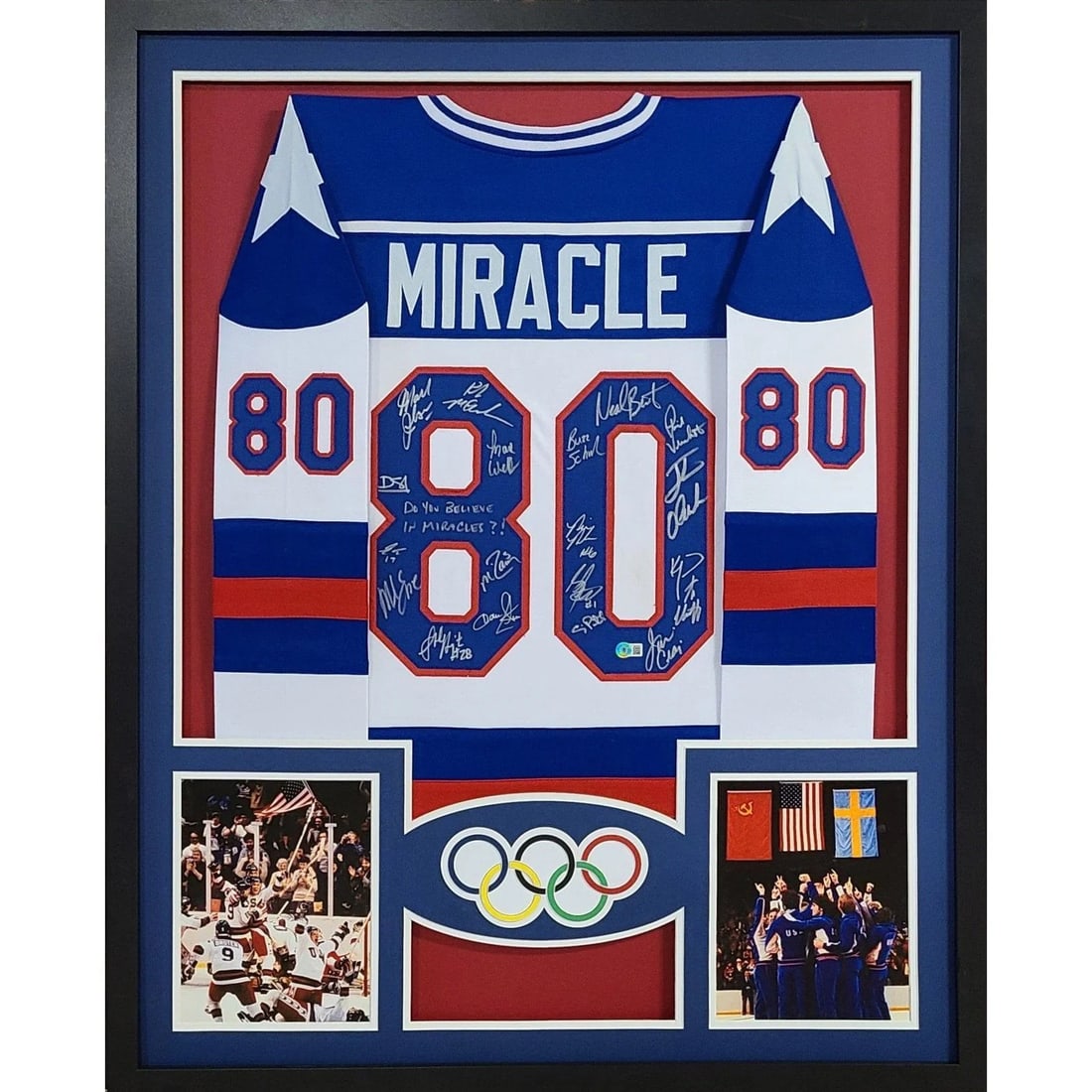 Framed USA 1980 Olympic Hockey Jersey Signed by 19 with Beckett Authentication: Framed USA 1980 Olympic Hockey Jersey Signed by 19 with Beckett Authentication This framed USA Olympic jersey commemorates the 1980 "Miracle on Ice" team and is autographed by 19 players including Ste