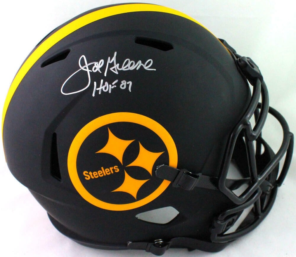 Joe Greene Autographed Steelers Eclipse Speed Helmet Beckett Authentic: Joe Greene Autographed Steelers Eclipse Speed Helmet Beckett Authentic This is an original Pittsburgh Steelers Eclipse Speed full-size helmet autographed by Hall of Famer Joe Greene. The helmet showca