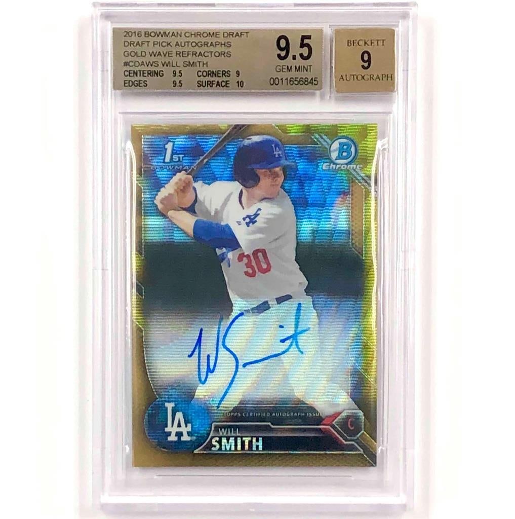 2016 Bowman Chrome Will Smith Gold Wave RC Auto /50 BGS 9.5: 2016 Bowman Chrome Will Smith Gold Wave RC Auto /50 BGS 9.5 This 2016 Bowman Chrome Gold Wave Refractor rookie card features Will Smith, a rising star of the Los Angeles Dodgers. This limited edition