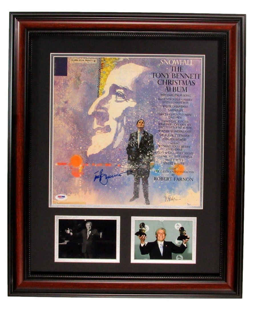 Tony Bennett Signed Album Photo Framed PSA/DNA Authenticated: Tony Bennett Signed Album Photo Framed PSA/DNA Authenticated This stunning framed piece features an original album photo autographed by the legendary Tony Bennett. The outer frame measures 19.5 inches