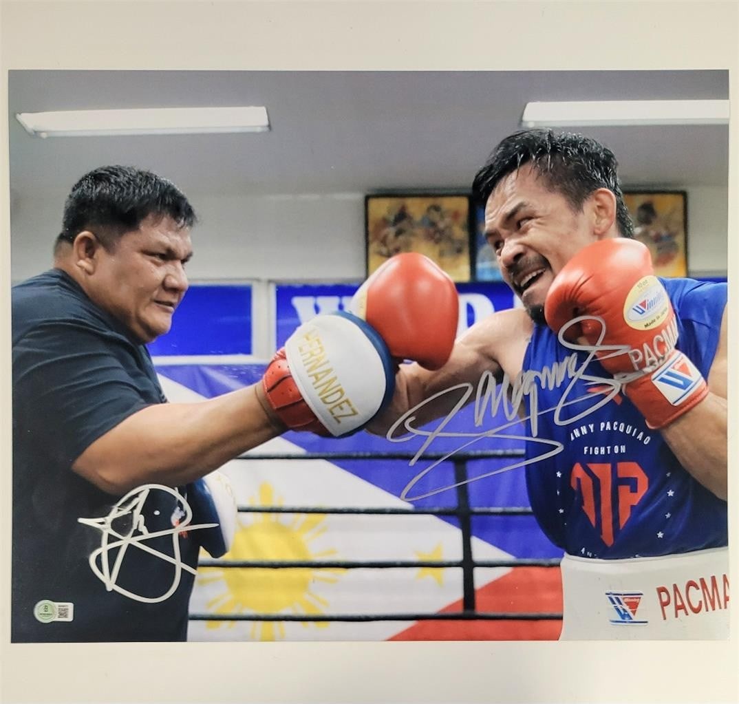 Manny Pacquiao Buboy Fernandez Signed 16x20 Photo Beckett BAS: Manny Pacquiao Buboy Fernandez Signed 16x20 Photo Beckett BAS This stunning 16x20 photograph features the legendary boxer Manny Pacquiao, accompanied by his trainer Buboy Fernandez. The photo has been