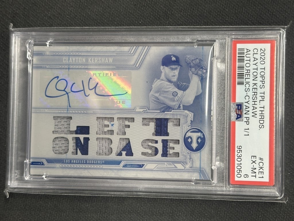 Clayton Kershaw 2020 Topps Triple Threads Cyan Relic Autograph PSA 6 #CKE1: Clayton Kershaw 2020 Topps Triple Threads Cyan Relic Autograph PSA 6 #CKE1 Presenting the Clayton Kershaw 2020 Topps Triple Threads Cyan Relic Auto Baseball Card, a must-have for collectors and fans a