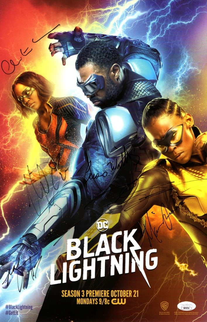 Black Lightning Cast Autographed 11X17 Poster JSA Certified: Black Lightning Cast Autographed 11X17 Poster JSA Certified This original 11x17 poster features the autographs of the cast of Black Lightning, including Cress Williams, Marvin Jones III, Christine Ada