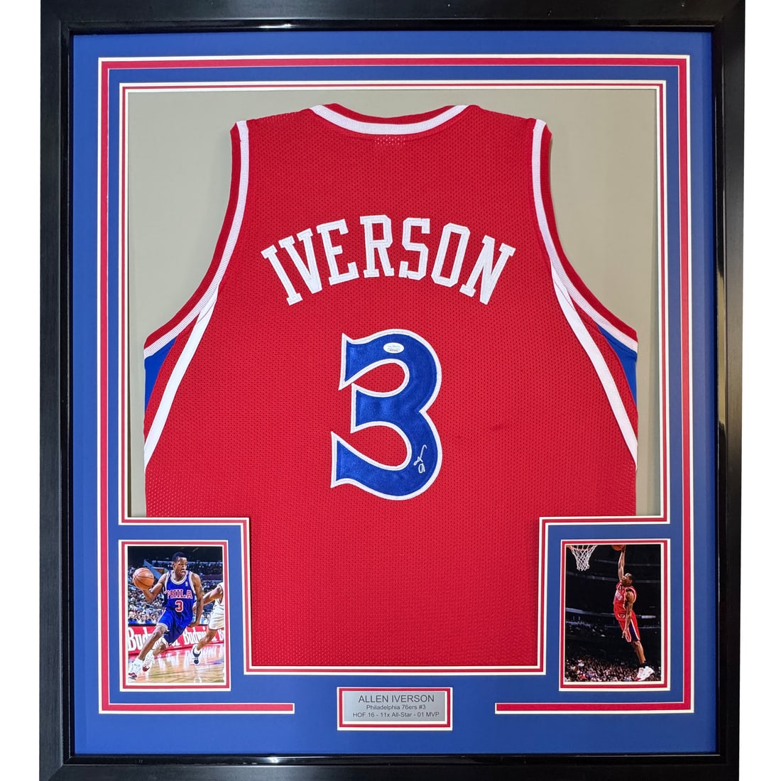 Framed Allen Iverson Autographed Jersey Philadelphia 76ers JSA COA: Framed Allen Iverson Autographed Jersey Philadelphia 76ers JSA COA This stunning framed display features an autographed Allen Iverson Philadelphia 76ers jersey, an essential piece for any basketball f
