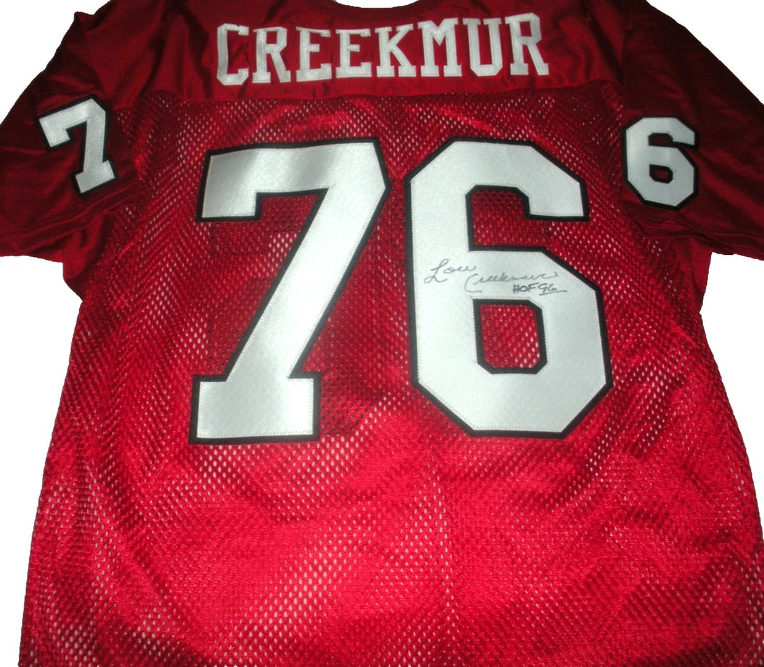 Wilson Football Jersey Signed by Lou Creekmur with COA: Wilson Football Jersey Signed by Lou Creekmur with COA This is a rare, officially licensed Wilson football jersey signed by Lou Creekmur, accompanied by a Certificate of Authenticity (COA). The jersey