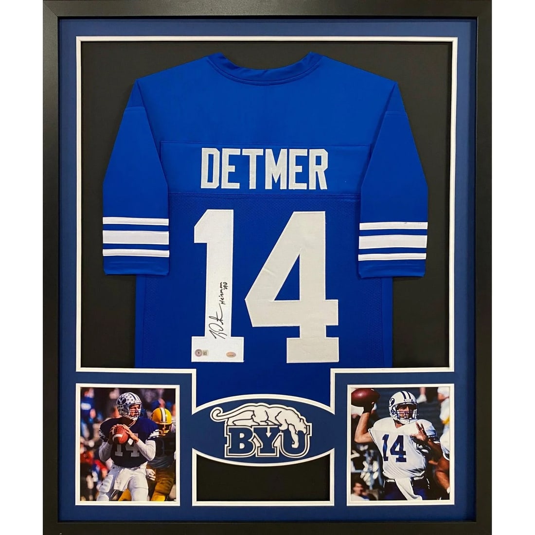 Framed BYU Jersey Signed by Ty Detmer with Beckett Authentication: Framed BYU Jersey Signed by Ty Detmer with Beckett Authentication This framed jersey features the autograph of Ty Detmer, the Heisman Trophy winner from BYU. The jersey has been authenticated by Becke