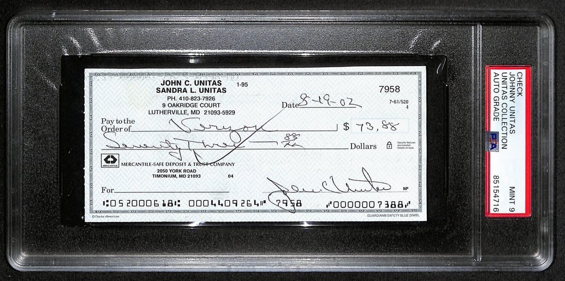 Johnny Unitas Signed Check 8/19/02 PSA/DNA MINT 9 Baltimore Colts: Johnny Unitas Signed Check 8/19/02 PSA/DNA MINT 9 Baltimore Colts Offered is an original Johnny Unitas signed cancelled check dated August 19, 2002, associated with the Baltimore Colts. This item feat