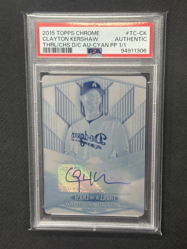 Clayton Kershaw 2015 Topps Chrome Cyan Printing Plate Auto 1/1 PSA Authentic #CK: Clayton Kershaw 2015 Topps Chrome Cyan Printing Plate Auto 1/1 PSA Authentic #CK This is a rare Clayton Kershaw 2015 Topps Chrome Cyan Printing Plate Autograph Baseball Card, featuring the iconic pitc