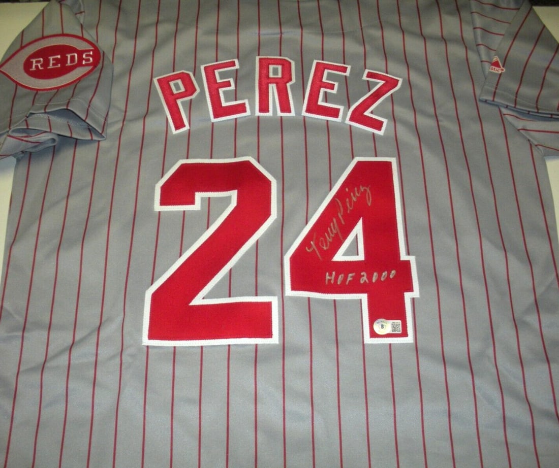 Majestic Cincinnati Reds Jersey Signed by Tony Perez with Beckett COA: Majestic Cincinnati Reds Jersey Signed by Tony Perez with Beckett COA This is an official licensed Majestic Cincinnati Reds jersey, signed by Tony Perez. The jersey comes with Beckett/COA authenticati