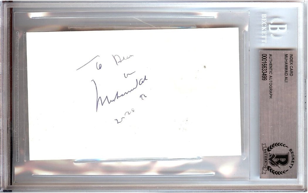 Muhammad Ali Autographed Index Card To Dean Beckett Authenticated 1992: Muhammad Ali Autographed Index Card To Dean Beckett Authenticated 1992 This is an original autographed index card by legendary boxer Muhammad Ali, inscribed "To Dean". The item is authenticated by Bec