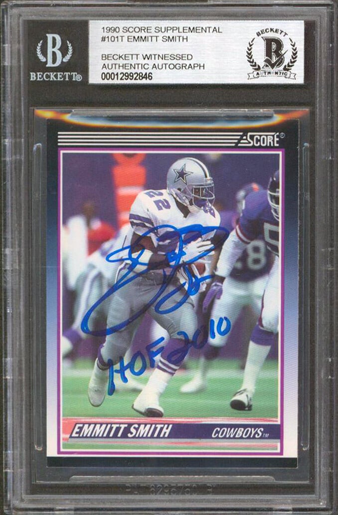 Emmitt Smith Autographed 1990 Score Card HOF 2010 Beckett Slab: Emmitt Smith Autographed 1990 Score Card HOF 2010 Beckett Slab This Emmitt Smith autographed 1990 Score Supplemental #101T rookie card is a must-have for any Dallas Cowboys fan. Featuring the inscript