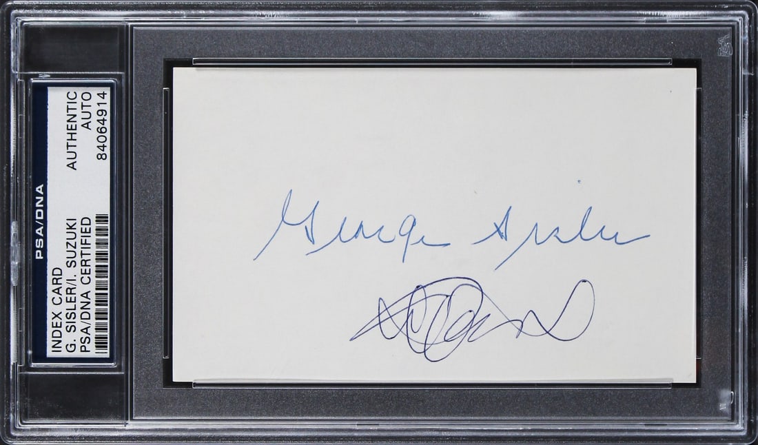 George Sisler Ichiro Suzuki Signed 3x5 Index Card PSA/DNA: George Sisler Ichiro Suzuki Signed 3x5 Index Card PSA/DNA This authentic 3x5 index card features the signatures of baseball legends George Sisler and Ichiro Suzuki, making it a unique collectible for
