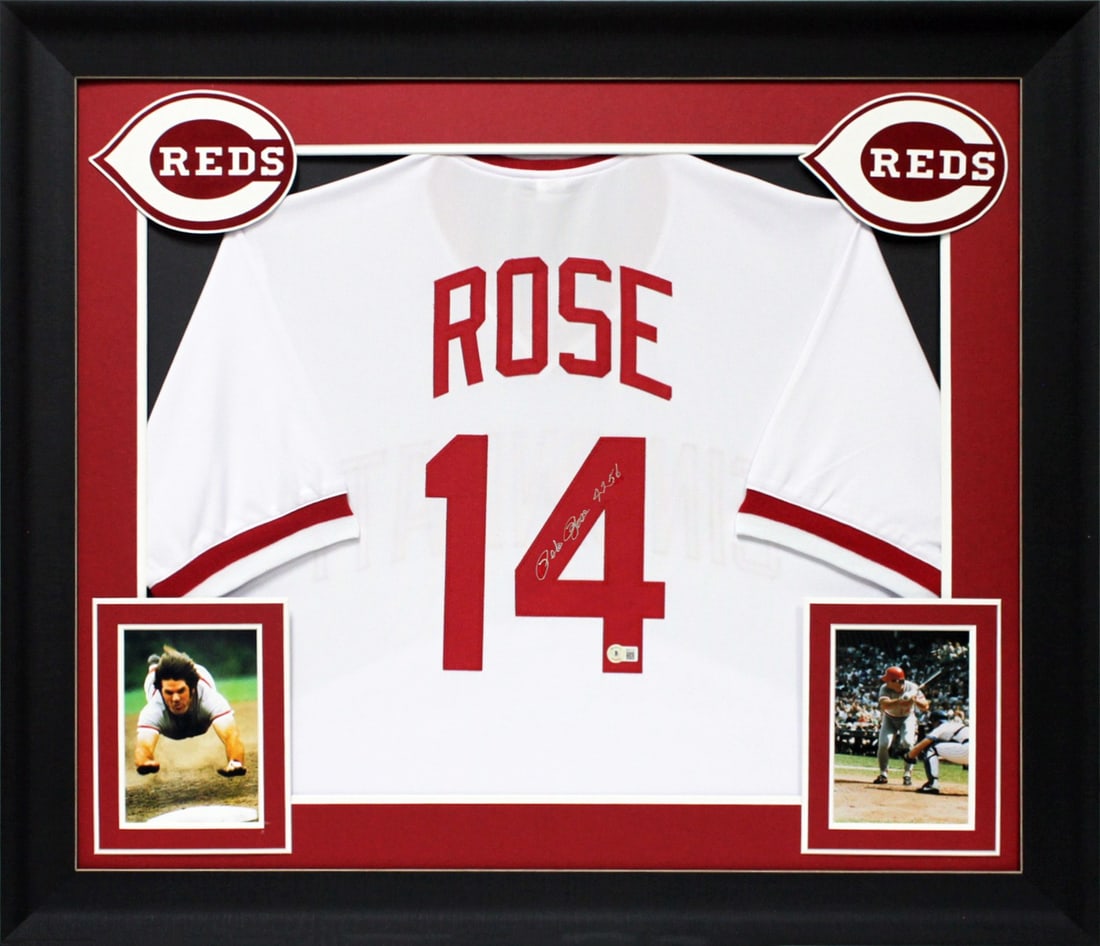 Pete Rose Signed Framed Jersey 4256 Cincinnati Reds BAS Authenticated: Pete Rose Signed Framed Jersey 4256 Cincinnati Reds BAS Authenticated Celebrate baseball history with this authentic Pete Rose signed white pro style framed jersey featuring the inscription "4256." Th