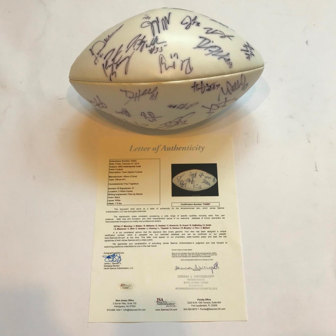 2002 Colts Team Signed Football with Peyton Manning 27 Sigs JSA COA: 2002 Colts Team Signed Football with Peyton Manning 27 Sigs JSA COA This rare 2002 Indianapolis Colts Team Signed Official Wilson NFL Football features 27 signatures, including that of star quarterbac
