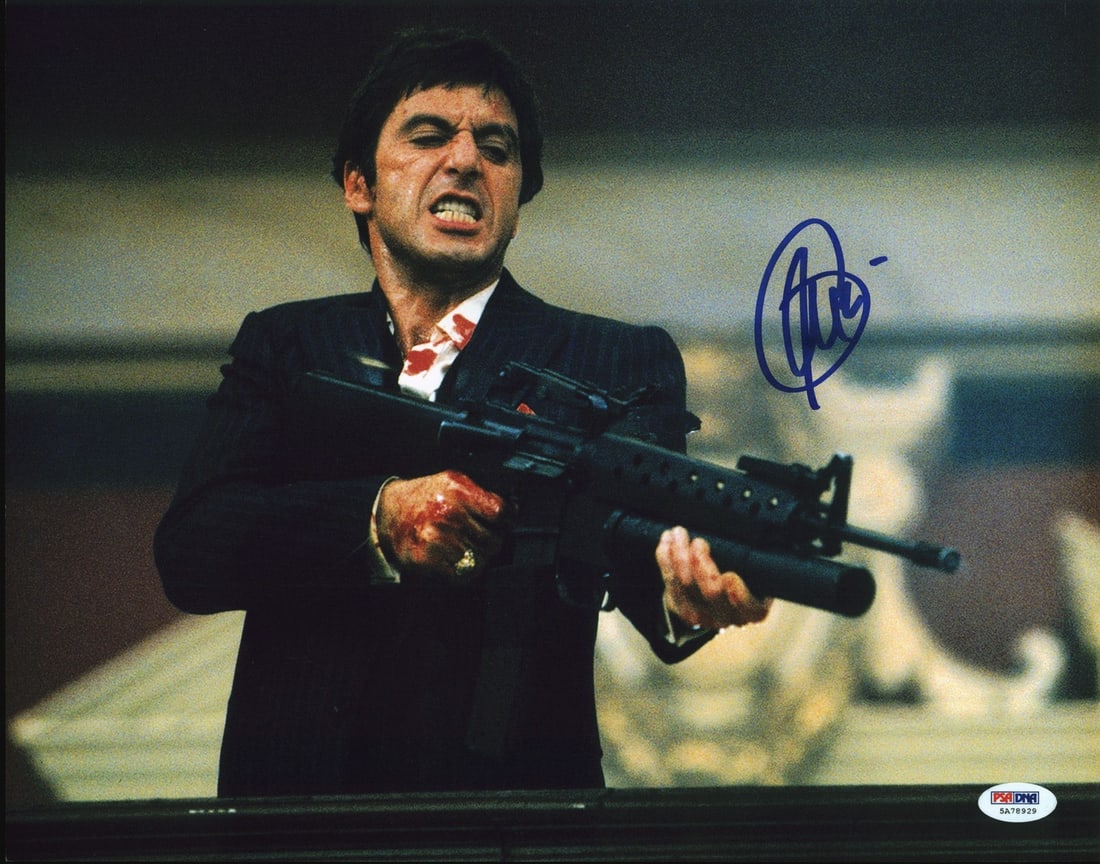 Al Pacino Scarface Signed 11x14 Photo Gem Mint 10 PSA Authenticated: Al Pacino Scarface Signed 11x14 Photo Gem Mint 10 PSA Authenticated This stunning horizontal photograph of Al Pacino in Scarface measures 11x14 inches and has been personally signed by the iconic acto