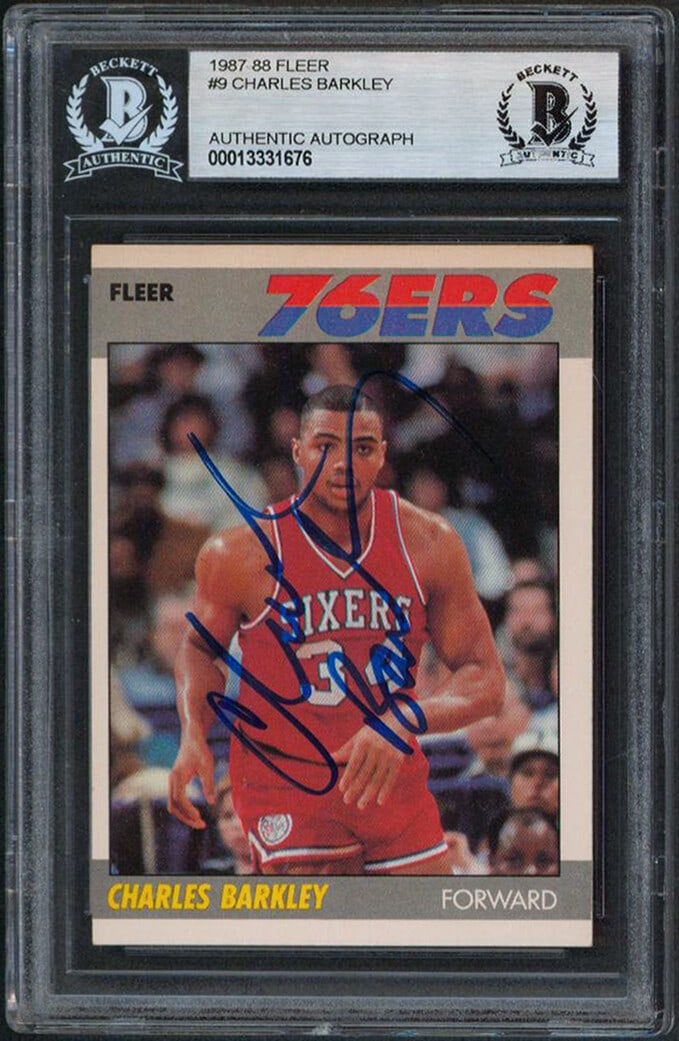 Charles Barkley Signed 1987 Fleer #9 Card Beckett Authentic: Charles Barkley Signed 1987 Fleer #9 Card Beckett Authentic This autographed 1987 Fleer #9 card features a vintage signature from Charles Barkley, a legendary player of the Philadelphia 76ers. The car