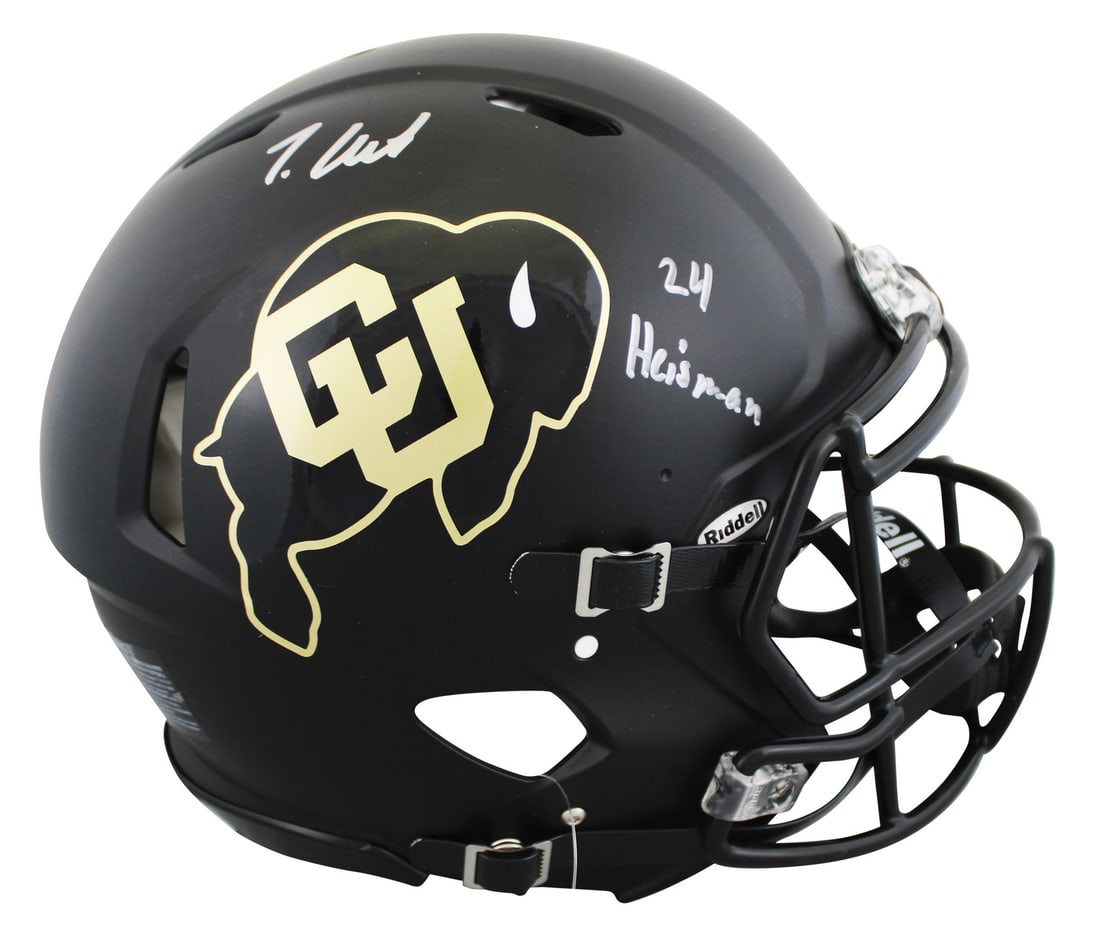 Travis Hunter Signed Colorado Buffaloes Helmet with 24 Heisman Inscription BAS Authenticated: Travis Hunter Signed Colorado Buffaloes Helmet with 24 Heisman Inscription BAS Authenticated Celebrate your passion for Colorado Buffaloes football with this autographed black Riddell authentic full-s