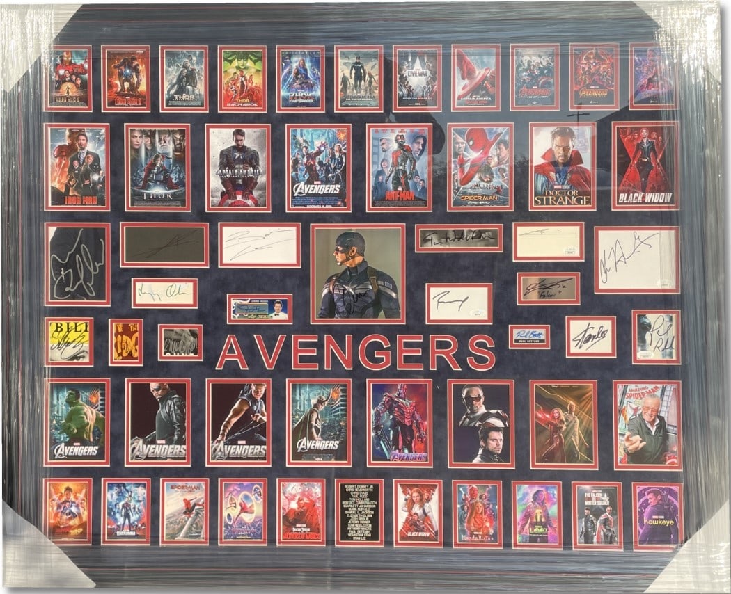 Framed Avengers Cast Autographed 5x5 Photo with JSA Authentication: Framed Avengers Cast Autographed 5x5 Photo with JSA Authentication This stunning autographed 5x5 photo showcases the legendary cast of the Avengers, featuring signatures from notable stars such as Rob