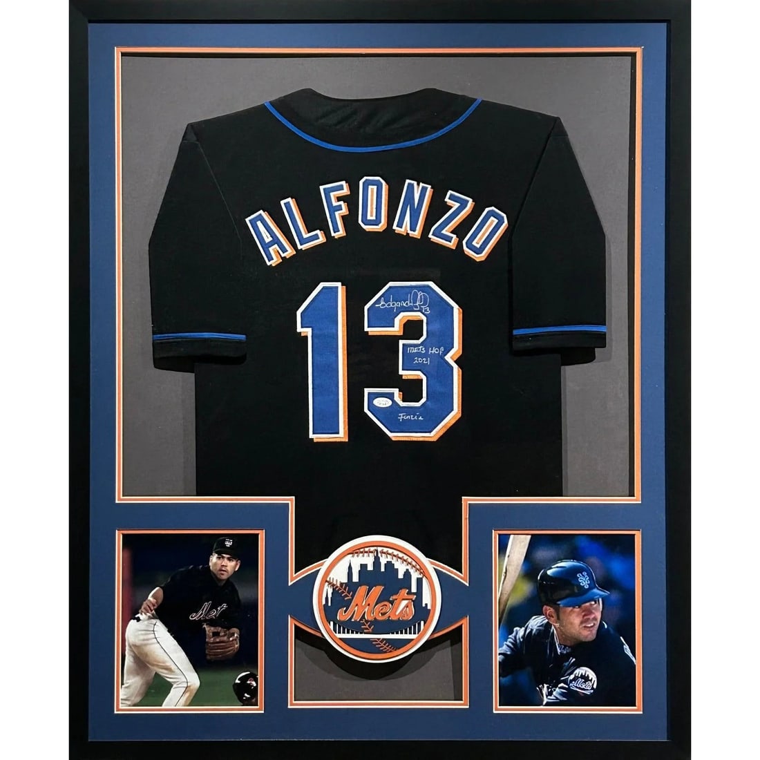 Framed Edgardo Alfonzo Autographed Mets Jersey with JSA Authentication: Framed Edgardo Alfonzo Autographed Mets Jersey with JSA Authentication This framed New York Mets jersey features the authentic signature of Edgardo Alfonzo. The jersey is authenticated by JSA and incl