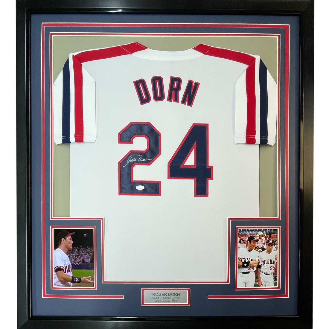 Framed Autographed Corbin Bernsen Roger Dorn Jersey JSA COA 33x42: Framed Autographed Corbin Bernsen Roger Dorn Jersey JSA COA 33x42 Celebrate your love for baseball with this stunning framed autographed jersey of Corbin Bernsen as Roger Dorn from the Cleveland India