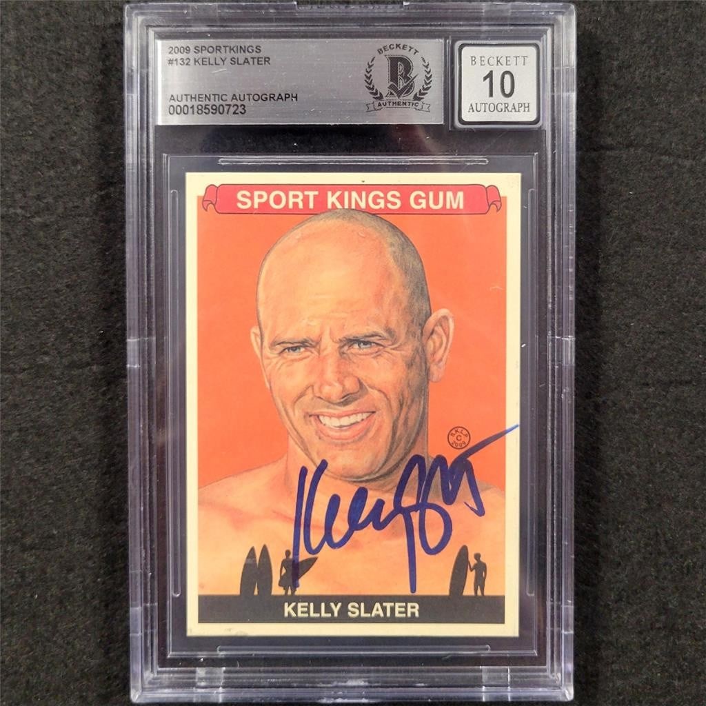 2009 SportKings Kelly Slater Signed Card Beckett BAS 10 Autograph: 2009 SportKings Kelly Slater Signed Card Beckett BAS 10 Autograph This is a 2009 SportKings #132 trading card featuring the iconic surfer Kelly Slater. This card is a hard-signed autograph, authentica