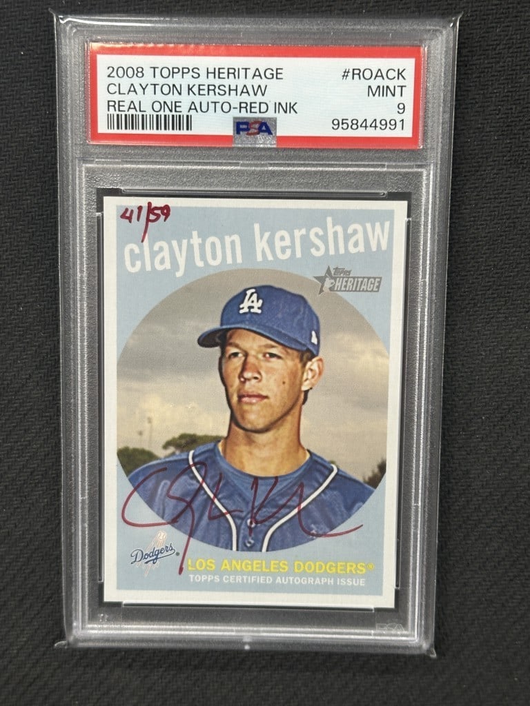 2008 Topps Heritage Clayton Kershaw Red Ink Auto PSA 9 RC #ROACK: 2008 Topps Heritage Clayton Kershaw Red Ink Auto PSA 9 RC #ROACK This is a 2008 Topps Heritage Real One Red Ink Autograph baseball card featuring Clayton Kershaw, the celebrated pitcher from the Los A