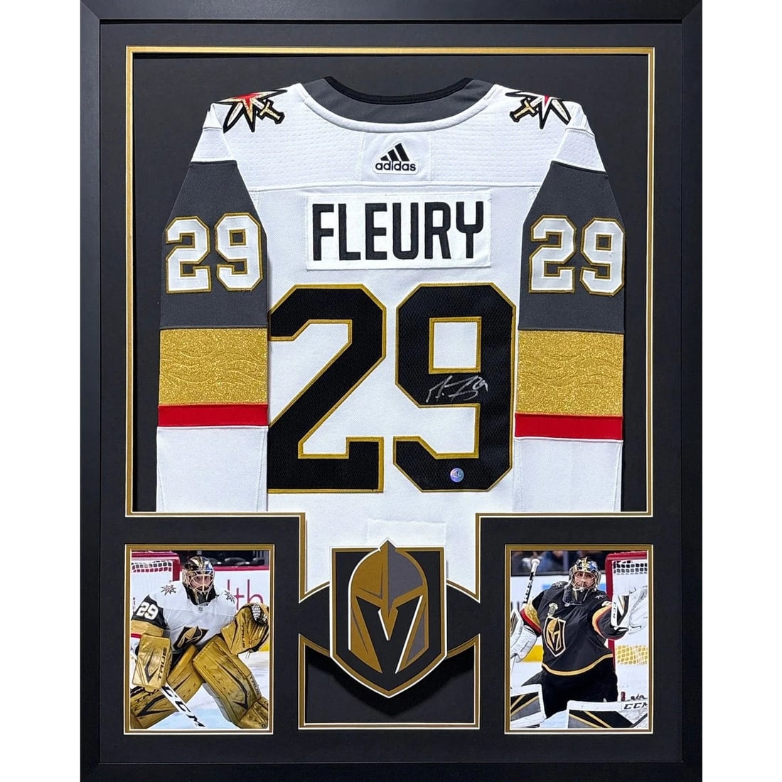 Framed Vegas Golden Knights Jersey Signed by Marc-Andre Fleury with COA: Framed Vegas Golden Knights Jersey Signed by Marc-Andre Fleury with COA This framed Vegas Golden Knights jersey is autographed by Marc-Andre Fleury. The jersey is authenticated by AJ Sports World and