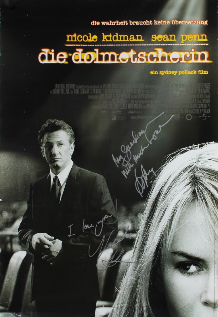 Nicole Kidman Sean Penn Signed The Interpreter 24x36 Poster Beckett COA: Nicole Kidman Sean Penn Signed The Interpreter 24x36 Poster Beckett COA This original 24x36 poster of 'The Interpreter' features the authentic signatures of acclaimed actors Nicole Kidman and Sean Pen