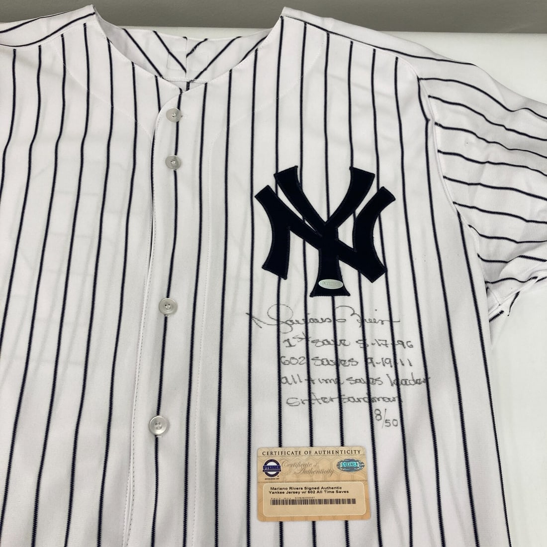Mariano Rivera Signed Yankees Jersey Limited Edition w/ 4 Inscriptions Steiner COA: Mariano Rivera Signed Yankees Jersey Limited Edition w/ 4 Inscriptions Steiner COA Celebrate the legendary career of Mariano Rivera with this limited edition signed New York Yankees jersey. This authe