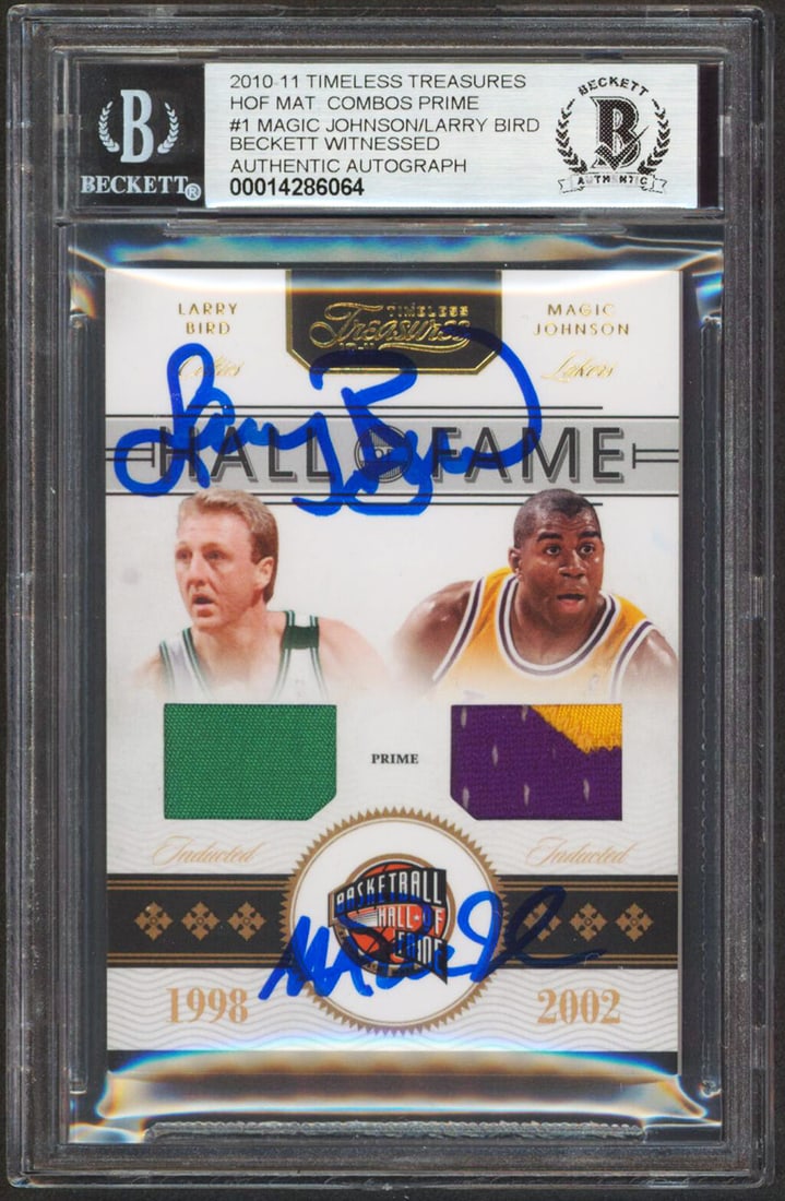 Magic Johnson Larry Bird Signed 2010 Timeless HOF Card Auto 10 Beckett 24/50: Magic Johnson Larry Bird Signed 2010 Timeless HOF Card Auto 10 Beckett 24/50 This is a rare collectible basketball card featuring the iconic signatures of Magic Johnson and Larry Bird. Graded Gem Mint