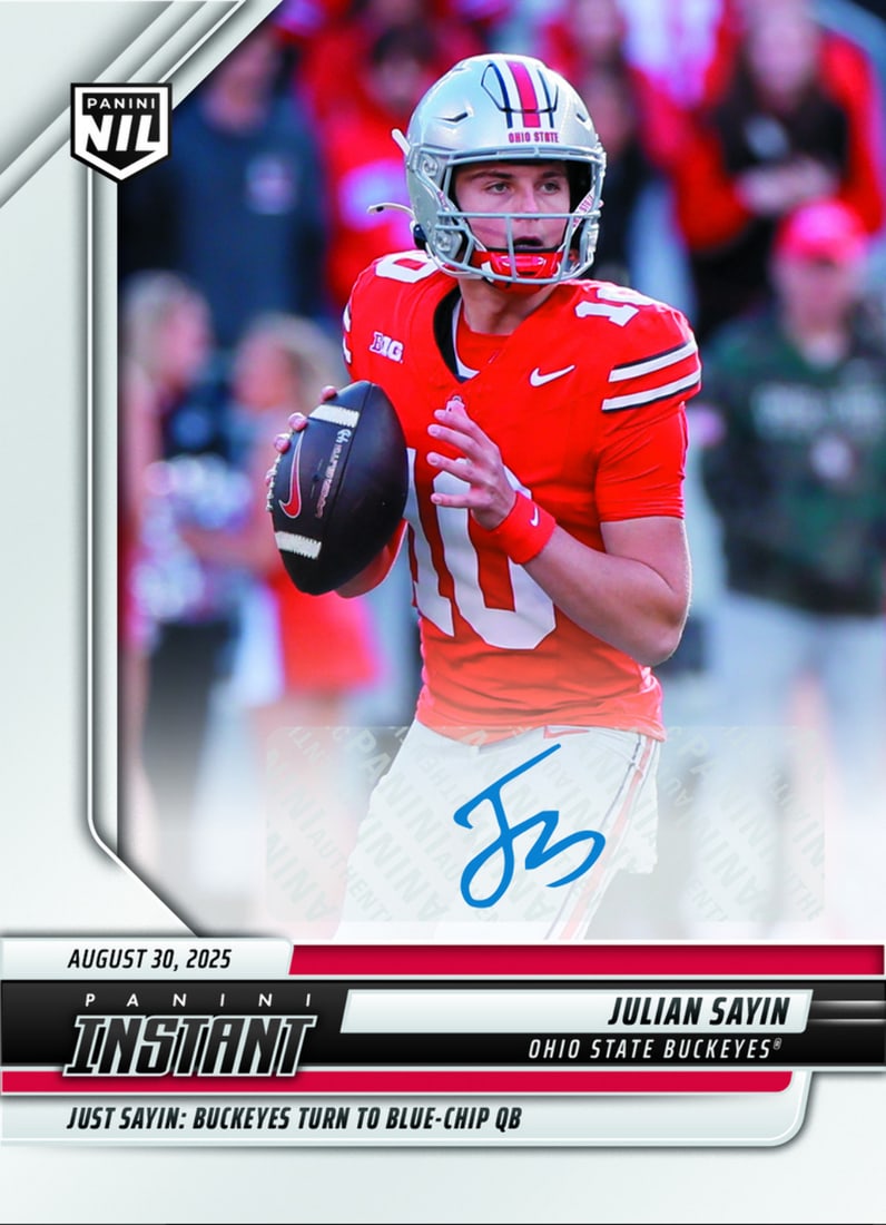 2025 Panini Instant Julian Sayin Autographed Rookie Card /99 Ohio State Buckeyes: 2025 Panini Instant Julian Sayin Autographed Rookie Card /99 Ohio State Buckeyes This 2025 Panini Instant Julian Sayin #JSA Auto /99 Rookie RC Football Card features the authentic autograph of rising