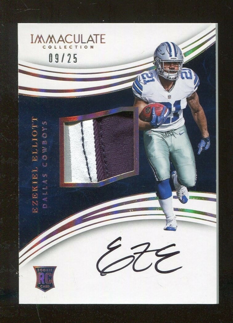 Zeke Elliott 2016 Panini Immaculate Gold RPA Patch Auto /25 Dallas Cowboys: Zeke Elliott 2016 Panini Immaculate Gold RPA Patch Auto /25 Dallas Cowboys This Zeke Elliott 2016 Panini Immaculate #111 Gold RPA Patch Rookie Card Auto is a must-have for any football fan and collect