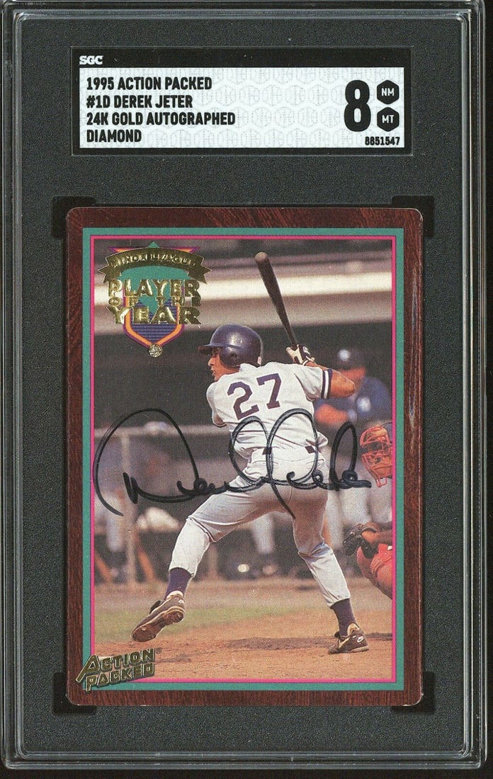 1995 Action Packed Derek Jeter Signed Rookie Card 24K Gold SGC Authenticated: 1995 Action Packed Derek Jeter Signed Rookie Card 24K Gold SGC Authenticated This is a 1995 Action Packed baseball trading card featuring a young Derek Jeter, showcasing his rookie year. The card is a