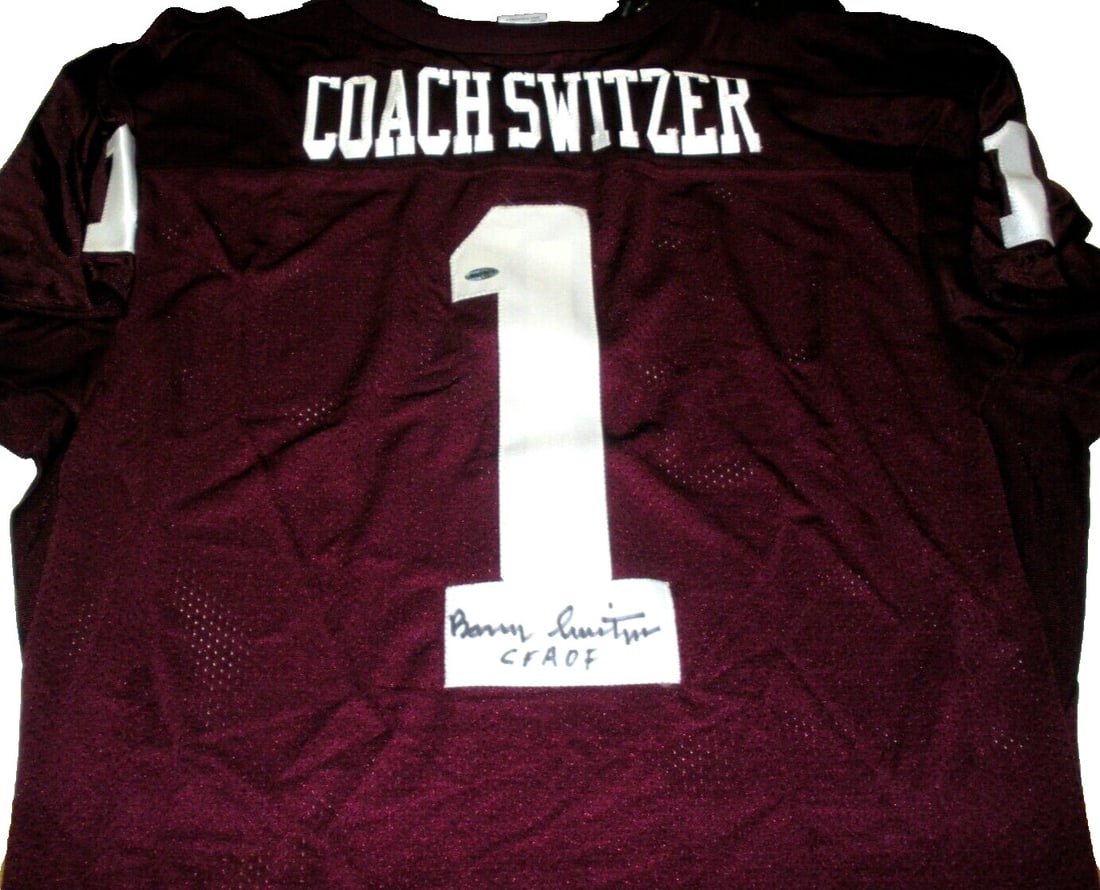 Autographed Rawlings Jersey Barry Switzer Oklahoma Sooners With Certificate Of Authenticity: Autographed Rawlings Jersey Barry Switzer Oklahoma Sooners With Certificate Of Authenticity This is an official licensed Rawlings Oklahoma Sooners jersey signed by Barry Switzer. The jersey comes with
