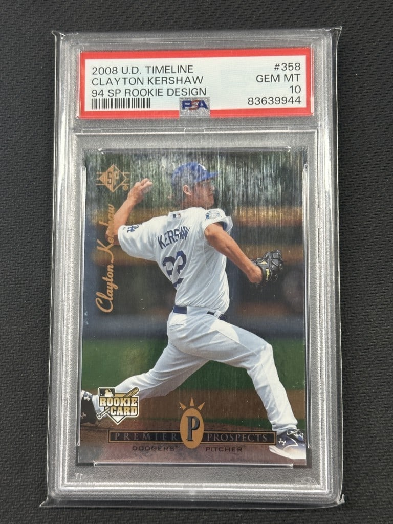 Clayton Kershaw 2008 Upper Deck PSA 10 Rookie Card #358: Clayton Kershaw 2008 Upper Deck PSA 10 Rookie Card #358 This is a 2008 Upper Deck Timeline 94 SP Rookie Design baseball card featuring Clayton Kershaw, a prominent player for the Los Angeles Dodgers.