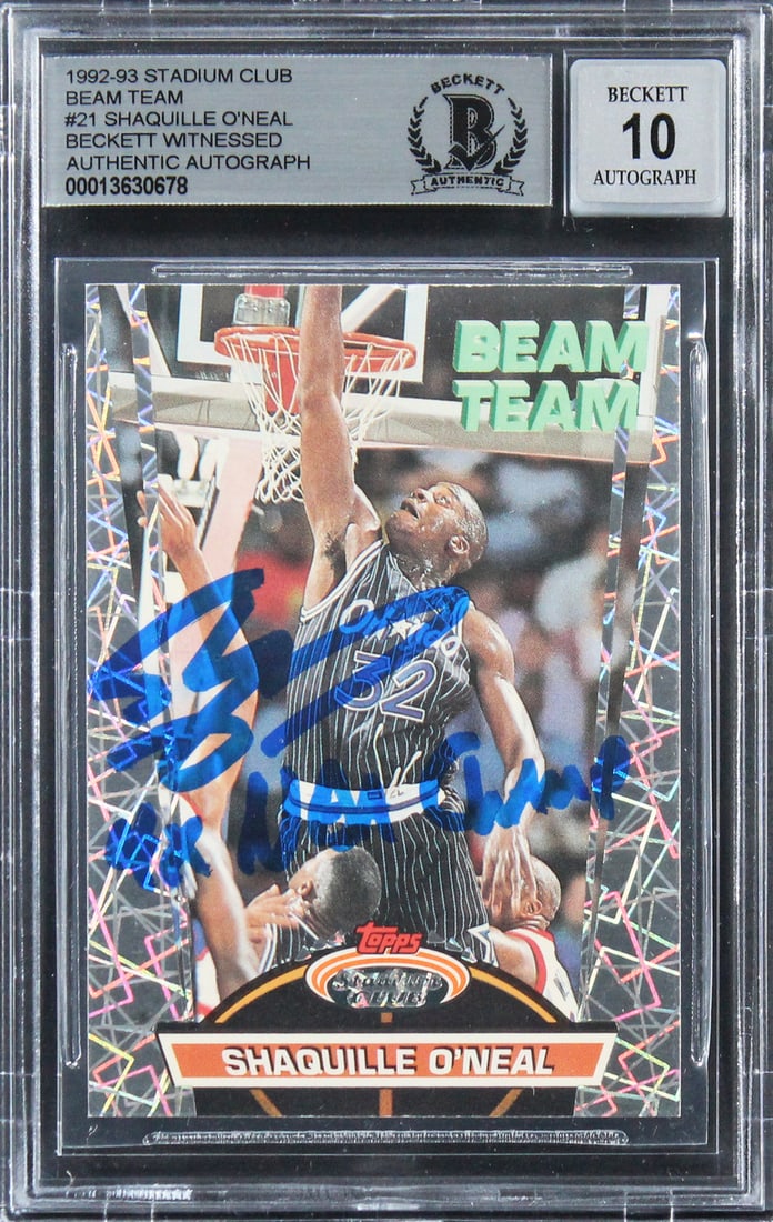 Shaquille O'Neal Signed 1992 Stadium Club Beam Team Rookie Card Gem Mint 10: Shaquille O'Neal Signed 1992 Stadium Club Beam Team Rookie Card Gem Mint 10 This exquisite Shaquille O'Neal signed 1992 Stadium Club Beam Team rookie card is a must-have for any basketball collector.