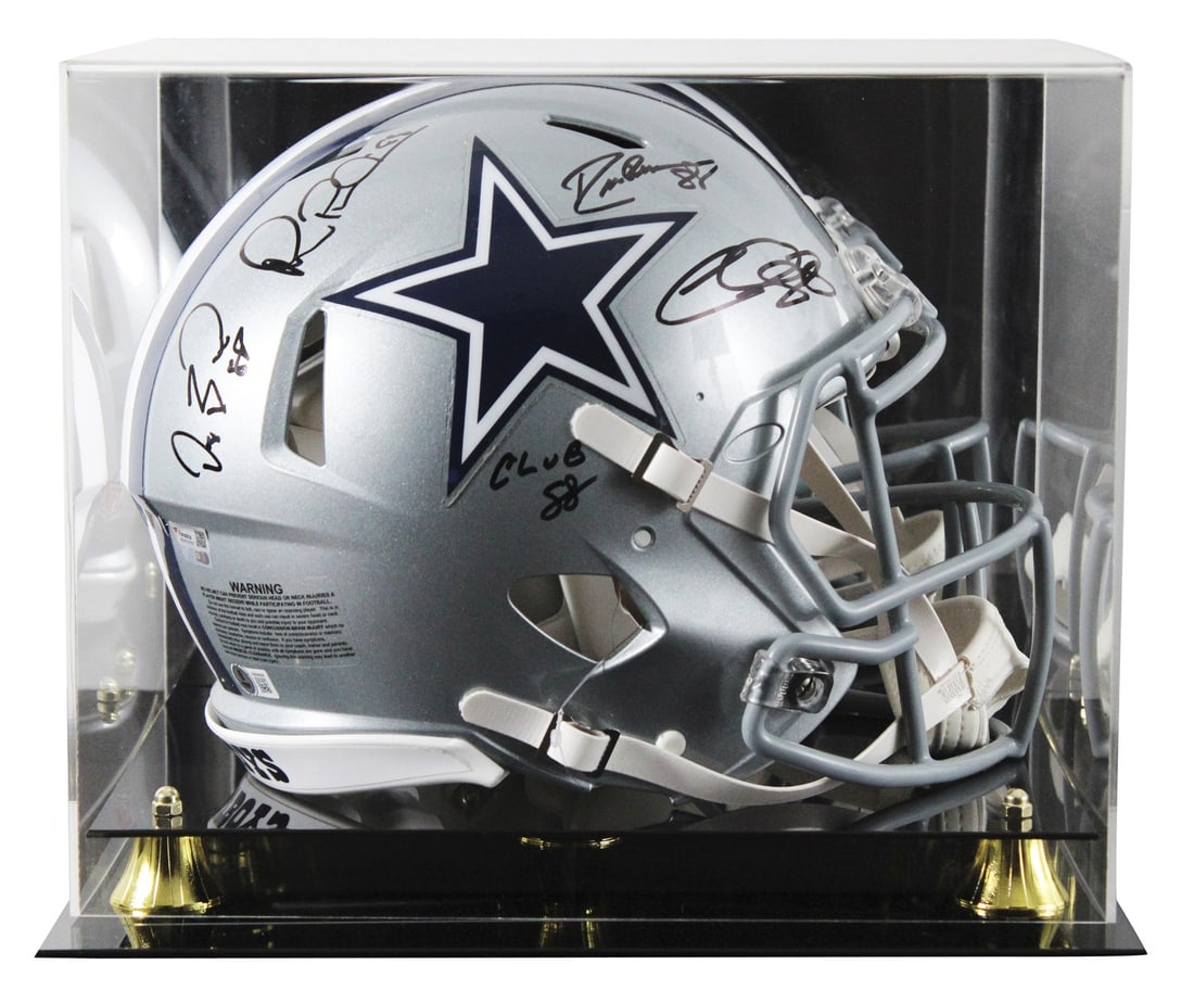 Dallas Cowboys Full Size Helmet Signed by Pearson Lamb Bryant Irvin With BAS Case: Dallas Cowboys Full Size Helmet Signed by Pearson Lamb Bryant Irvin With BAS Case This full-size Speed Proline helmet features the signatures of Drew Pearson, CeeDee Lamb, Dez Bryant, and Michael Irvi
