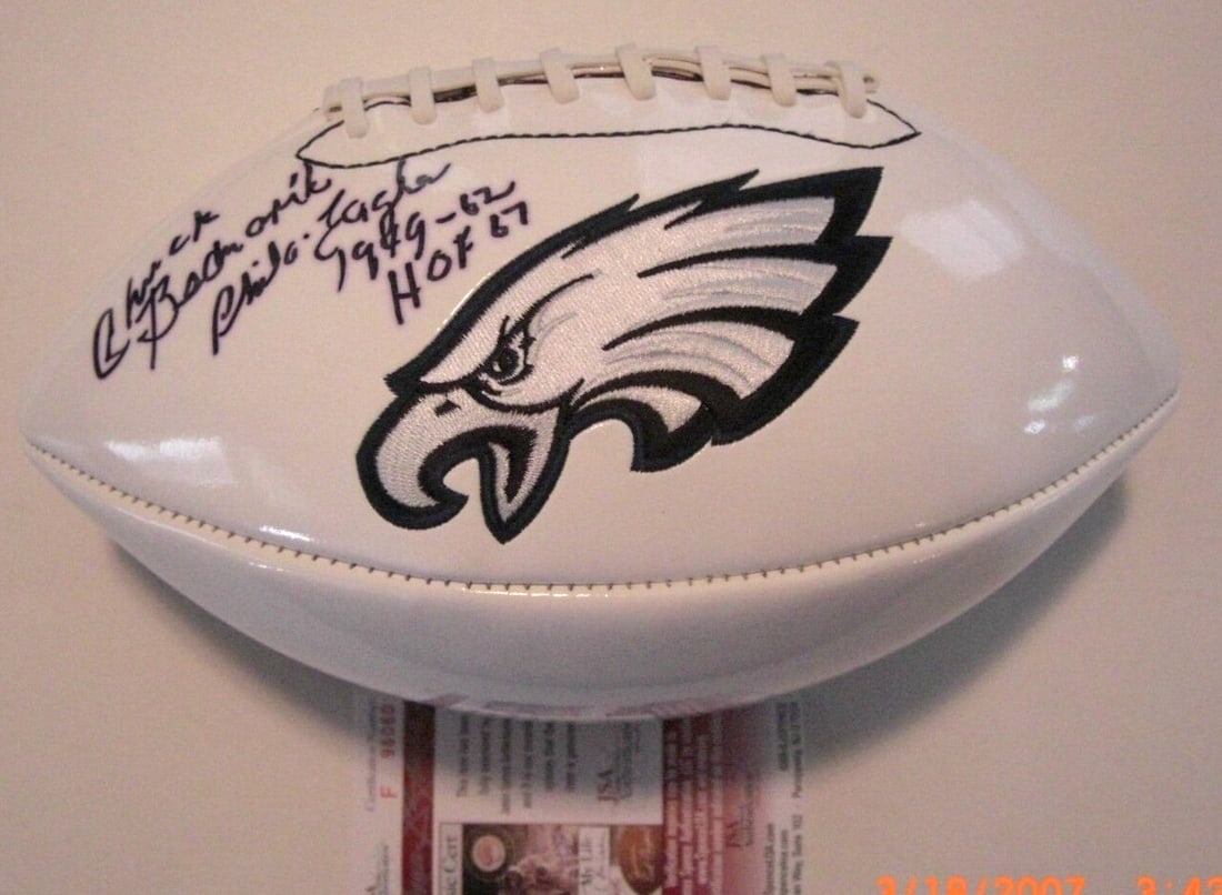 Autographed Football by Hall of Famer Chuck Bednarik With JSA COA: Autographed Football by Hall of Famer Chuck Bednarik With JSA COA This is an original football signed by Chuck Bednarik of the Philadelphia Eagles, Hall of Fame class of 1967. The ball comes with JSA/