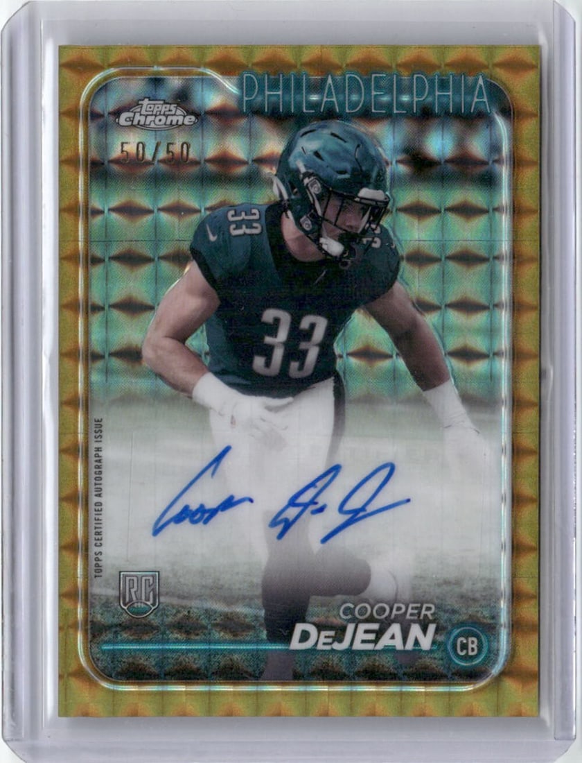 2024 Topps Chrome Gold Geometric Cooper DeJean 50/50 Auto Rookie NFL Card: 2024 Topps Chrome Gold Geometric Cooper DeJean 50/50 Auto Rookie NFL Card This 2024 Topps Chrome Gold Geometric Cooper DeJean #RA-CDE 50/50 Auto Rookie RC Football Card is a must-have for collectors a