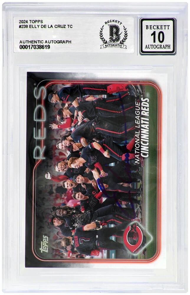 Elly De La Cruz Signed 2024 Topps Rookie Card #238 Beckett Mint 10: Elly De La Cruz Signed 2024 Topps Rookie Card #238 Beckett Mint 10 This is a signed 2024 Topps rookie card of Elly De La Cruz, featuring the Cincinnati Reds. The autograph has been authenticated by Be