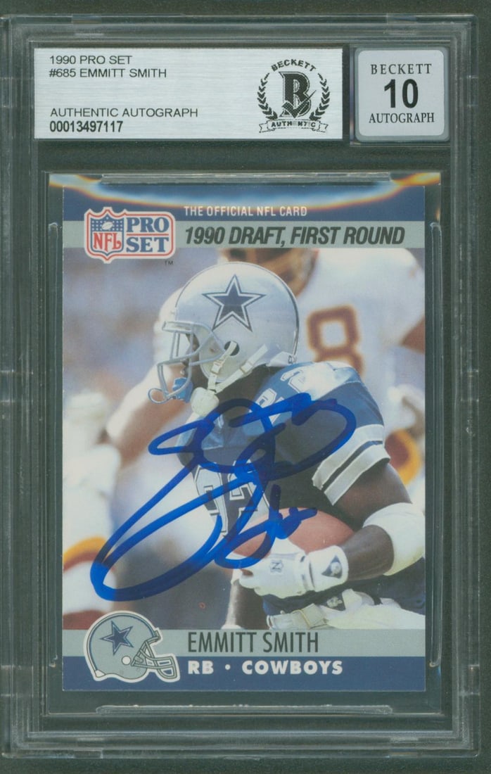 Emmitt Smith Signed 1990 Pro Set Rookie Card Gem Mint 10 Beckett Authenticated: Emmitt Smith Signed 1990 Pro Set Rookie Card Gem Mint 10 Beckett Authenticated This is a remarkable 1990 Pro Set #685 Rookie Card featuring Emmitt Smith, personally signed by the legendary Dallas Cowb