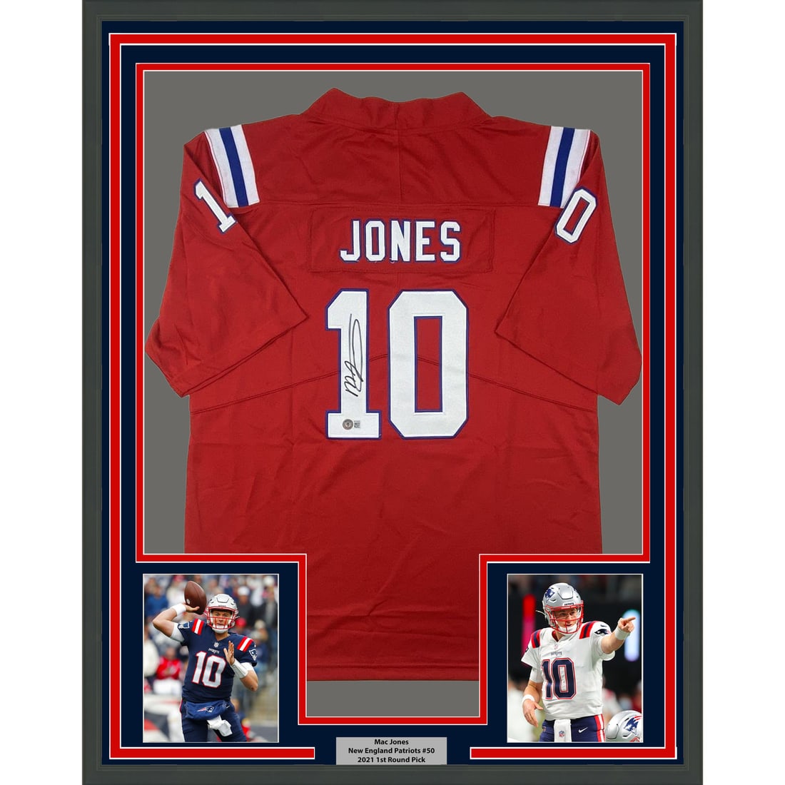 Framed Autographed Mac Jones NFL Jersey Red New England Patriots Beckett COA: Framed Autographed Mac Jones NFL Jersey Red New England Patriots Beckett COA Showcase your admiration for Mac Jones with this professionally framed and autographed red football jersey. Measuring 33"x4