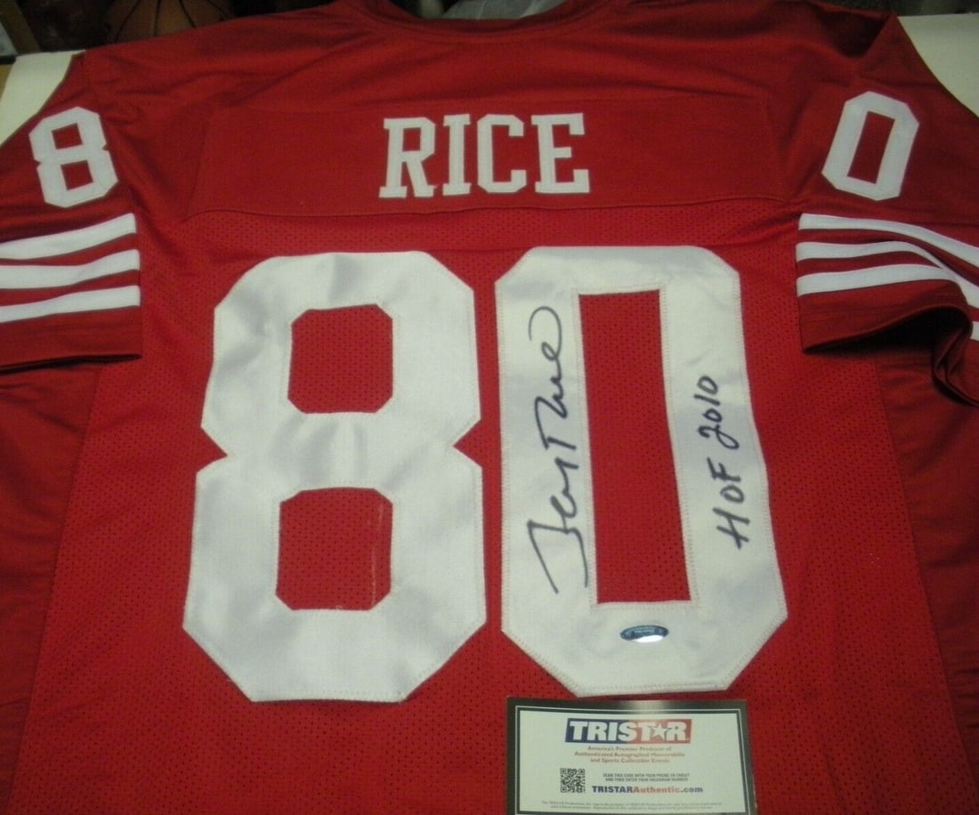 Jerry Rice Signed Jersey San Francisco 49ers with TRISTAR COA: Jerry Rice Signed Jersey San Francisco 49ers with TRISTAR COA This original signed jersey commemorates Jerry Rice, one of the most celebrated players in NFL history. The jersey represents both Mississ