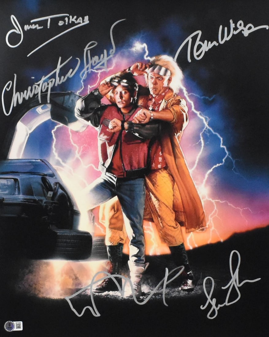 Back to the Future 16x20 Autographed Photo by Michael J. Fox Beckett: Back to the Future 16x20 Autographed Photo by Michael J. Fox Beckett This is an original autographed 16x20 cast photo from the iconic film "Back to the Future," featuring signatures from Michael J. Fo