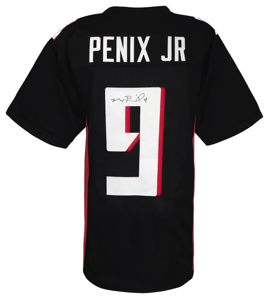 Michael Penix Jr Signed Black Custom Jersey Atlanta Falcons COA: Michael Penix Jr Signed Black Custom Jersey Atlanta Falcons COA Michael Penix Jr Signed Black Custom Jersey Atlanta Falcons COA This is a signed black custom football jersey of Michael Penix Jr., feat