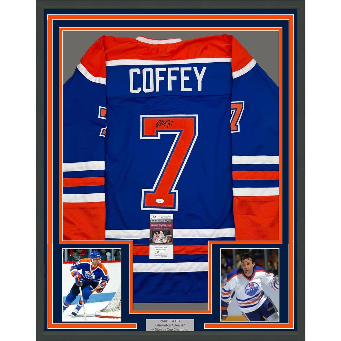 Framed Paul Coffey Autographed Edmonton Oilers Jersey JSA COA 35x39: Framed Paul Coffey Autographed Edmonton Oilers Jersey JSA COA 35x39 This framed autographed Paul Coffey Edmonton Oilers hockey jersey is a must-have for any fan. Measuring 35x39 inches, it features a